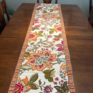 Table Runner 16”x90” colorful gold, orange, red, green and turquoise on white